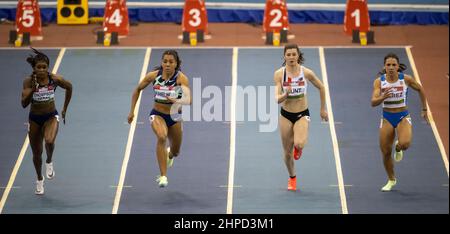 Olaine Thompson-Herah, Mujinga Kambundi, Amy Hunt und Maria Isabel Perez treten im Finale der Frauen 60m beim Muller Indoor Grand Prix, World in, an Stockfoto