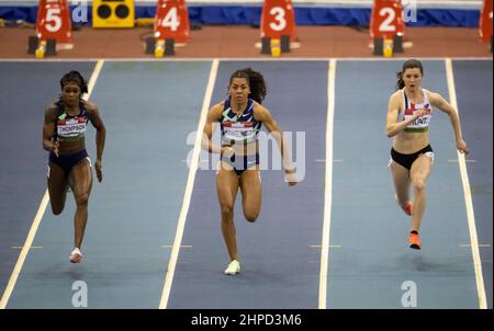 Olaine Thompson-Herah, Mujinga Kambundi, Amy Hunt und Maria Isabel Perez treten im Finale der Frauen 60m beim Muller Indoor Grand Prix, World in, an Stockfoto