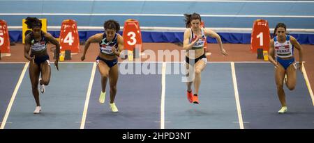 Olaine Thompson-Herah, Mujinga Kambundi, Amy Hunt und Maria Isabel Perez treten im Finale der Frauen 60m beim Muller Indoor Grand Prix, World in, an Stockfoto