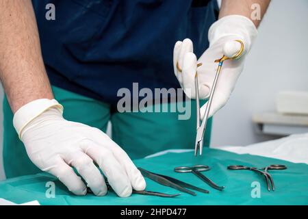 Arzt Chirurg mit Einweg-Handschuh auf der Hand hält Schere, wählt das nächste Werkzeug, das er verwenden wird. Medizinische Geräte von rostfreiem Instrument auf grün su Stockfoto