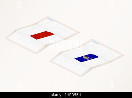 Zwei Versionen einer gefalteten Karte von Kansas mit der Flagge des Landes Kansas und mit der roten Farbe hervorgehoben. Satz isometrischer Vektorkarten. Stock Vektor