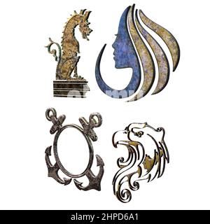 Adler, Drache, Anker, Frauengesicht Symbolsatz, in Naturmaterialien, 3D Illustration, 3D Rendering Stockfoto