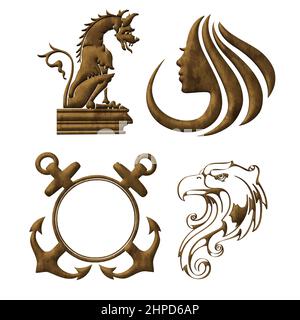 Adler, Drache, Anker, Frauengesicht Symbolsatz, in Naturmaterialien, 3D Illustration, 3D Rendering Stockfoto