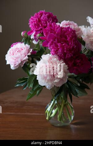 Vase mit Pfingstrosen auf dem Küchentisch Stockfoto