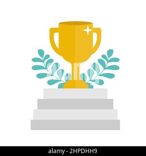 Treppenhaus-Konzept. Infografik zum Erfolg. Siegerpokal. Für eine erfolgreiche Geschäftspräsentation. Flaches Symbol auf Weiß Stock Vektor