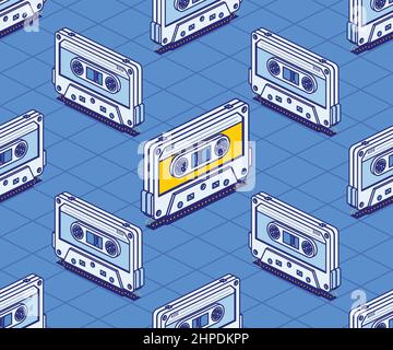Isometrisches Audiokassettenband Nahtloses Muster. Vektorgrafik. Skizzieren Sie Das Musikkonzept. Elektronisches Audiogerät Im Retro-Design. Konzept 80s und 90s. Stock Vektor