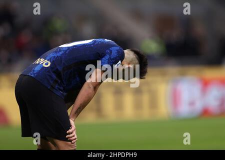 Mailand, Italien. 20th. Februar 2022. Lautaro Martinez (FC Internazionale) reagiert während Inter - FC Internazionale gegen US Sassuolo, italienische Fußballserie A Spiel in Mailand, Italien, Februar 20 2022 Quelle: Independent Photo Agency/Alamy Live News Stockfoto