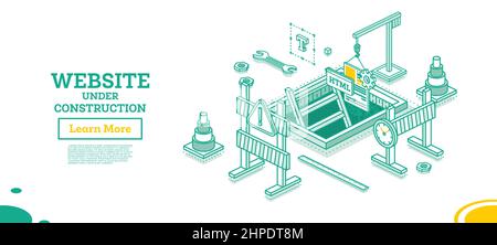 Webseite der Website im Aufbau. Vektorgrafik. Isometrisches Konzept. Verkehrskegel und Straßenbarriere. Kran das Konstruktionselement senken Stock Vektor