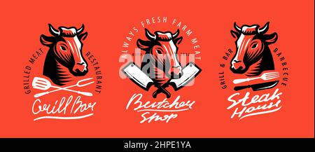 Stierkopf, Logo für Fleischbeef. Emblem für Bauernhof Fleisch Markt Verpackung und Grill Restaurant Menü Dekoration Stock Vektor