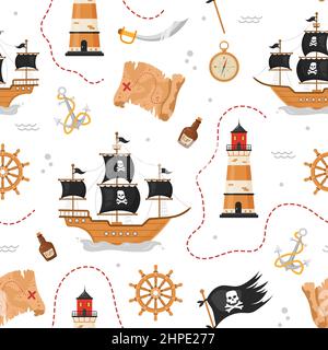 Nahtloses Muster mit Piratenschiff, Flagge und Karte. Kindliche Vektor-Illustration in flachen Cartoon-Stil. Handgezeichnetes Stoffdesign oder Packpapier Stock Vektor