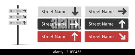 Stadtnavigationsstraßen-Wegweiser mit Straßennamen und -Richtungen, Säule mit drei Schildern Stock Vektor
