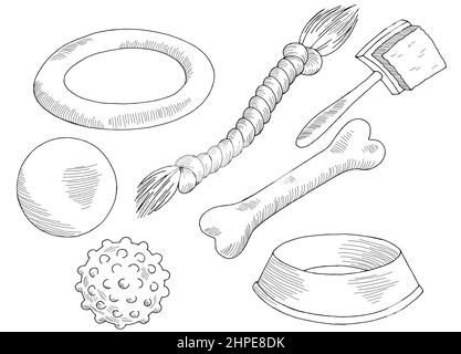 Hund Spielzeug Haustier Satz schwarz weiß isoliert Skizze Illustration Vektor Stock Vektor