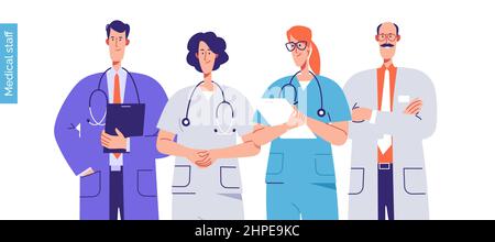 Vektordarstellung von medizinischem Personal, medizinischem Personal, Krankenhausärzten. Bearbeitbare Kontur, globale Farbfelder Stock Vektor