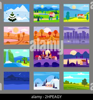 Sammlung von Jahreszeiten Landschaften Winter, Frühling, Sommer, Herbst. Land, Berge, Feld, Stadt, Meer, Schnee, heiß, Regen, Nacht. Vektor minimalistisch flach Stock Vektor