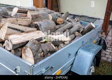 Ein Anhänger, der vom Haus mit Brennholz gefüllt ist. Stockfoto