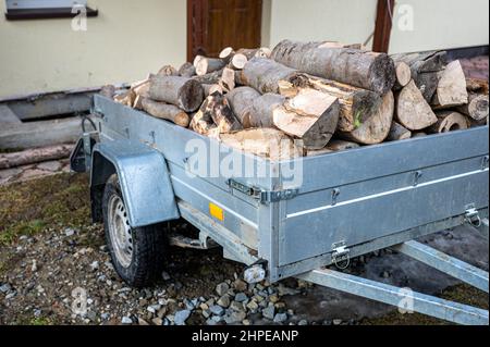 Ein Anhänger, der vom Haus mit Brennholz gefüllt ist. Stockfoto