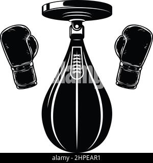 Illustration von Boxsack und Bong-Handschuhen im Vintage-Monochrom-Stil. Gestaltungselement für Logo, Etikett, Schild, Emblem, Plakat. Vektorgrafik Stock Vektor