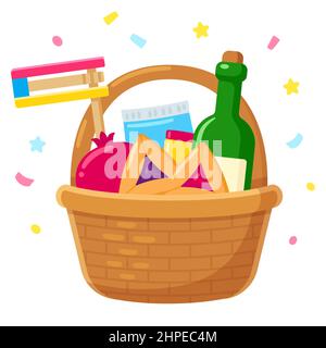 Mishloach Manot, Purim Geschenkkorb mit Hamantashen, Weinflasche und gragger. Jüdische Feiertagstradition. Cute Cartoon Stil Vektor Illustration. Stock Vektor