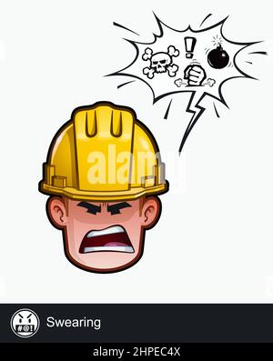 Ikone eines Bauarbeitergesichts mit fluchender emotionaler Ausdruckskraft. Alle Elemente übersichtlich auf gut beschriebenen Ebenen und Gruppen. Stock Vektor