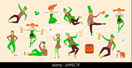 Leprechauns hält Becher mit Bier und tanzende Aufkleber Set. Niedliche klebrige Etiketten mit bot Assistant isoliert dekoriert. Flache Grafik Als Vektorgrafik Stock Vektor
