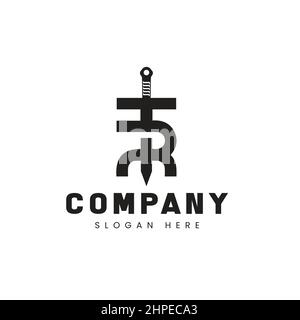 Logo „Sword of Protection“, Abbildung der Initialen der T R-Vorlage. Stock Vektor