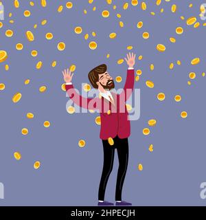 Glücklicher Mann fällt Geld Münzen regen. Erfolg Finanzgeschäft, sinkende Cash. Vektorgrafik Stock Vektor