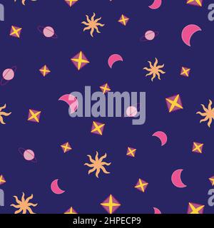 Nahtlose Muster der Himmelskörper. Handgezeichnete astronomische Objekte auf violettem Hintergrund. Stock Vektor