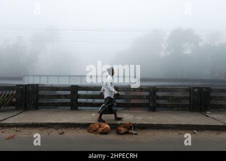 KALKUTTA, WESTBENGALEN, INDIEN. 21st. Februar 2022. 21. Februar 2022, Kalkutta, Westbengalen, Indien: Menschen können am frühen Morgen mit schlechter Sicht inmitten dichter fogg gesehen werden. Eisenbahn-, Flug-, Steg-Dienste wurden aufgrund der schlechten Sichtverhältnisse durchgeführt. (Bild: © Dipayan Bose/ZUMA Press Wire) Stockfoto