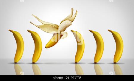 Inspiration und Motivationskonzept als Gruppe generischer Bananen mit einer einzelnen Banane, die als Symbol für Individualität und Disrupting wegfliegt. Stockfoto