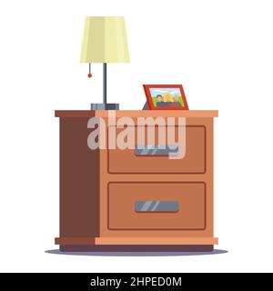 Nachttisch mit Lampe und Fotorahmen. Flache Vektorgrafik isoliert auf weißem Hintergrund. Stock Vektor