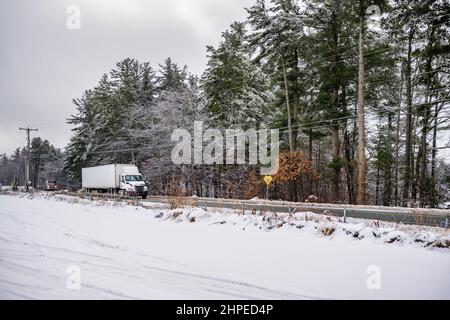 Professionelle Fracht Tag Taxi Industrie Big Rig Semi-Truck Transport von Fracht in trockenen van Sattelauflieger läuft auf der lokalen Straße entlang des Waldes mit Stockfoto