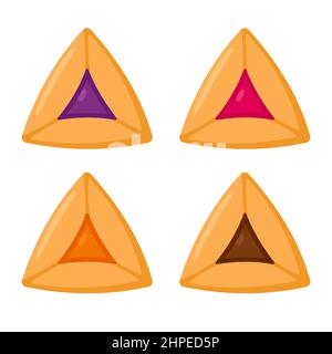 Hamantashen, traditionelles Gebäck für jüdische Feiertage Purim. Cartoon Icon Set von Hamantash mit verschiedenen Füllungen. Vektorgrafik Clip Art Illustration. Stock Vektor