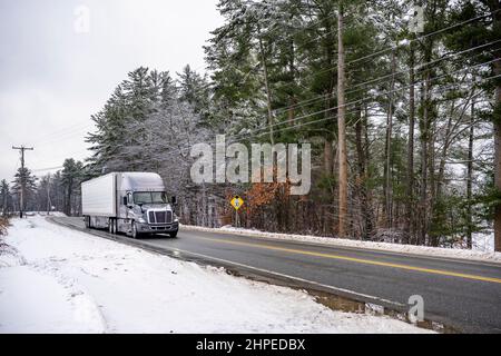 Professionelle Fracht grau großen Rig Semi-Truck transportieren gewerbliche Fracht in Kühlschrank Sattelanhänger läuft auf der lokalen Straße entlang des Waldes mit Stockfoto