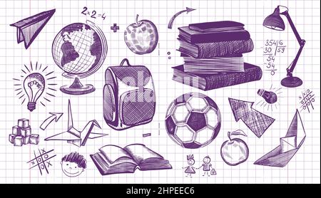 Freihändig Schulsachen auf ein Blatt Übungsbuch zeichnen. Zurück zur Schule. Vektorgrafik. Eingestellt Stock Vektor