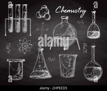 Set aus verschiedenen pharmazeutischen Kolben, Bechergläsern und Reagenzgläsern. Skizze von chemischen Laborobjekten auf einer Kreidetafel. Symbol für Entdeckung und Chemie Stock Vektor