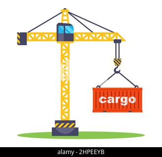 Baukran hebt einen roten Container mit Waren. Laden eines Containers für den Transport. Flache Vektorgrafik. Stock Vektor