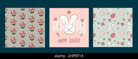 Frohe Ostern Banner. Trendiges Osterdesign mit Typografie, handgezeichneten Strichen und Eiern, Hasenohren, Küken in Pastellfarben. Muster mit Blumen und Stock Vektor