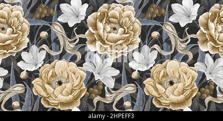 Verziertes nahtloses Muster mit Vintage-Pfingstrosen, Knospen, Blättern. Botanischer Hintergrund. Tapete mit üppigen Frühlingsblumen. Handgezeichnete realistische Zeichnung 3D Stockfoto