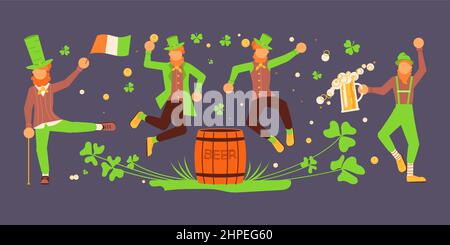 Begrüßung der horizontalen Banner des St. Patrick's Day. Niedliche Leprechauns mit Bierkrügen und Tanz. Flache Vektorgrafik Stock Vektor