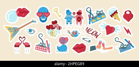 Love Elements Sticker Set. Niedliche klebrige Etiketten mit bot Assistant isoliert dekoriert. Flache Grafik Als Vektorgrafik Stock Vektor