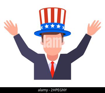 Fröhlicher Amerikaner in einem Hut mit den Händen nach oben. Flache Vektorgrafik isoliert auf weißem Hintergrund. Stock Vektor