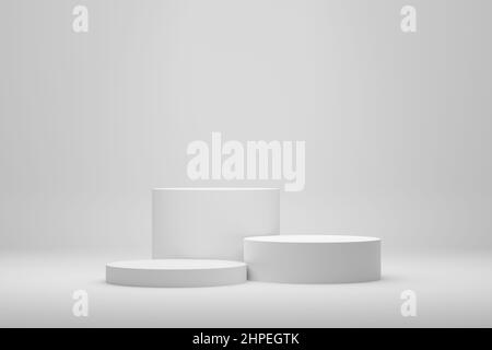 Weiße Podestplattformen oder Sockel mit weißem Hintergrund für die Produktanzeige. Leer steht für das Anzeigen oder Präsentieren von Produkten. 3D Rendern. Stockfoto