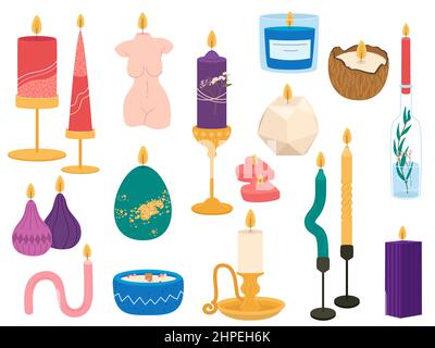 Brennende Kerzen in Kerzenständern. Modernes duftendes Wohndekor, aromatisches Wachs-Objekt, gemütliche Innenelemente, verschiedene trendige Formen, in Form von weiblich Stock Vektor