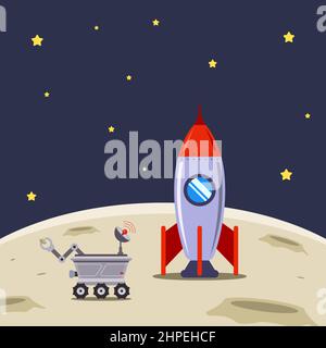 Raumschiff ist auf dem Mond zur Erkundung gelandet. Flache Vektordarstellung. Stock Vektor