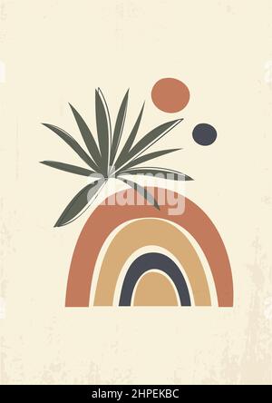 Poster für zeitgenössische Kunst in Pastellfarben. Abstraktes Papier geschnitten geometrische Elemente, Blätter und Bogen. Boho Druckkunst Stock Vektor