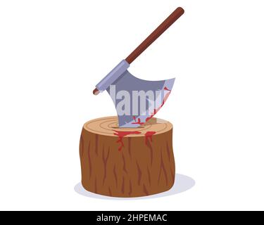 Ein Stumpf mit einer gesteckten Axt für die Ausführung. Platz, um den Kopf abzuhacken. Flache Vektordarstellung. Stock Vektor