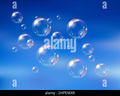 Fliegende Seifenblasen. Vektor abstrakte Illustration von realistischen Wasserseifenblasen mit Regenbogenreflektion gegen den blauen Himmel. Stock Vektor