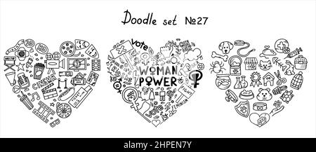 Eine Reihe von Kritzeln Zeichen des Feminismus, Frauenrechte. Handgezeichnete Vektorsymbole Set aus Haustieren und Kino, TV-Shows, Serien und Filmen. Eine Kundgebung, für die man kämpfen muss Stock Vektor
