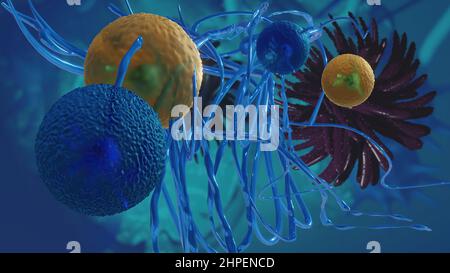 3D Illustration - Flurona, Doppelinfektion von Covid und Grippe. Mutiertes Coronavirus SARS-CoV-2. Stockfoto