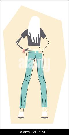 Frau in Jeans stehend, Rückansicht, Denim-Mode, Skizzenstil Vektor Stock Vektor